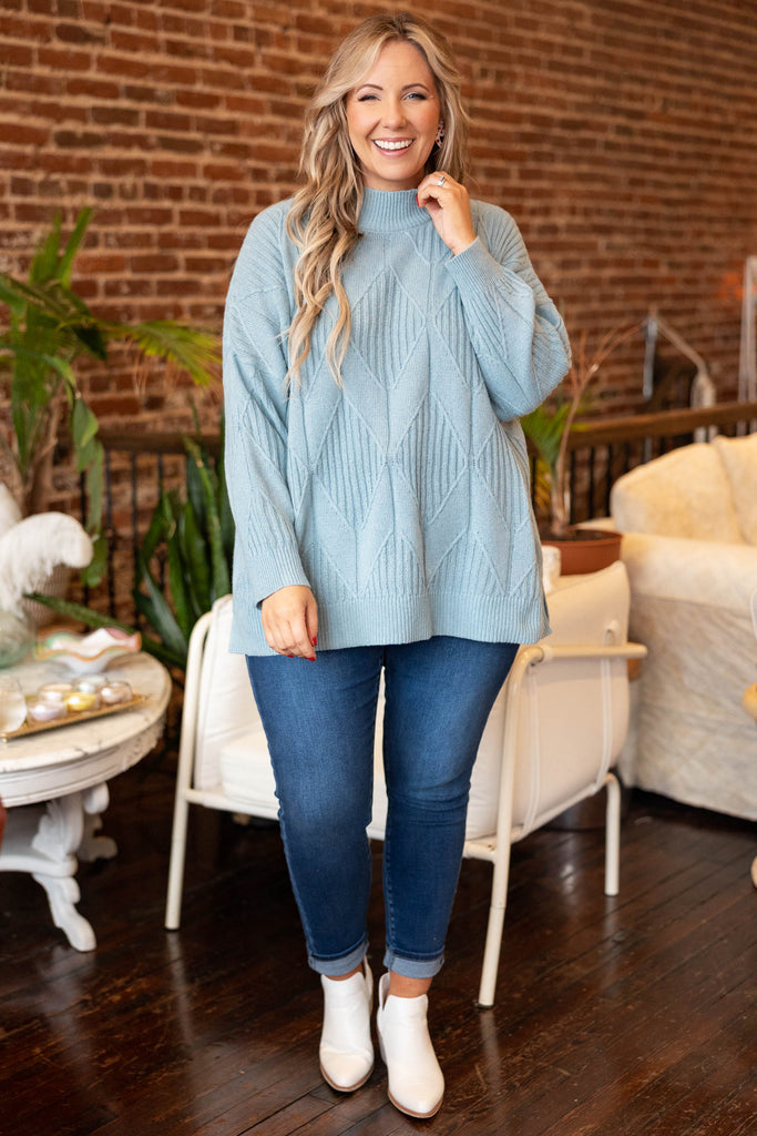 Classyloft Gabriella Jacquard Knit Sweater Top-Light Blue L