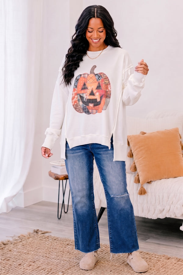 Chic Soul plus size clothing, ivory  crewneck sweatshirt with patchwork pumpkin graphic