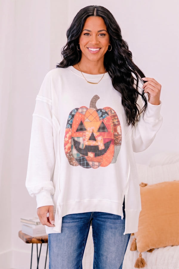 Chic Soul plus size clothing, ivory  crewneck sweatshirt with patchwork pumpkin graphic