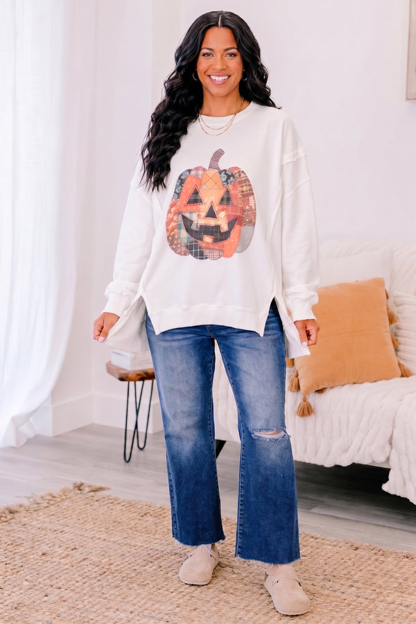 Chic Soul plus size clothing, ivory  crewneck sweatshirt with patchwork pumpkin graphic