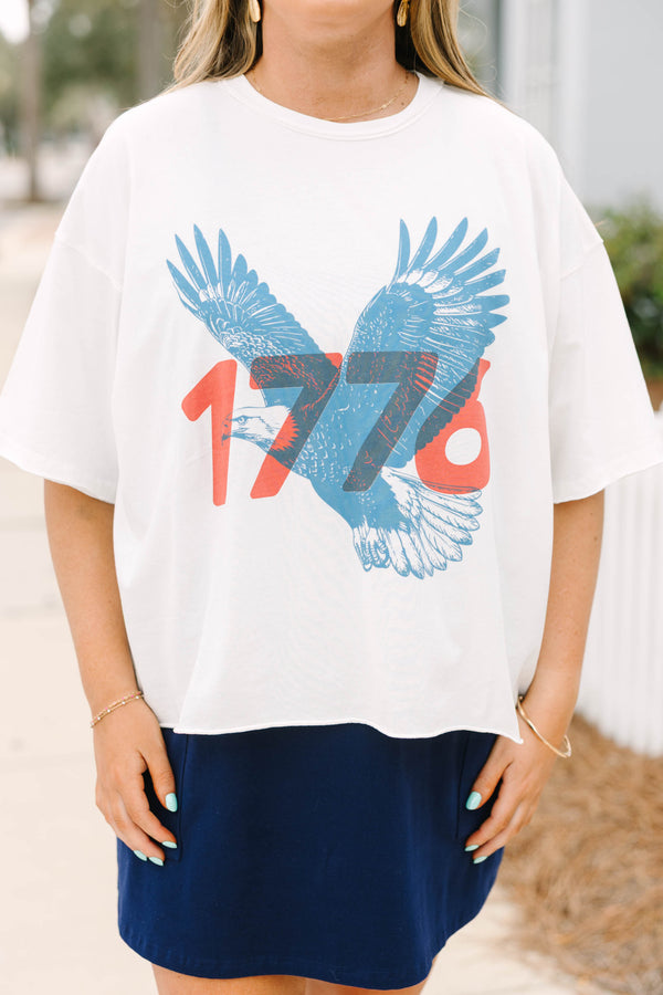 Chic Soul plus size clothing, white short sleeve vintage wash cropped tee with light blue opaque eagle and 