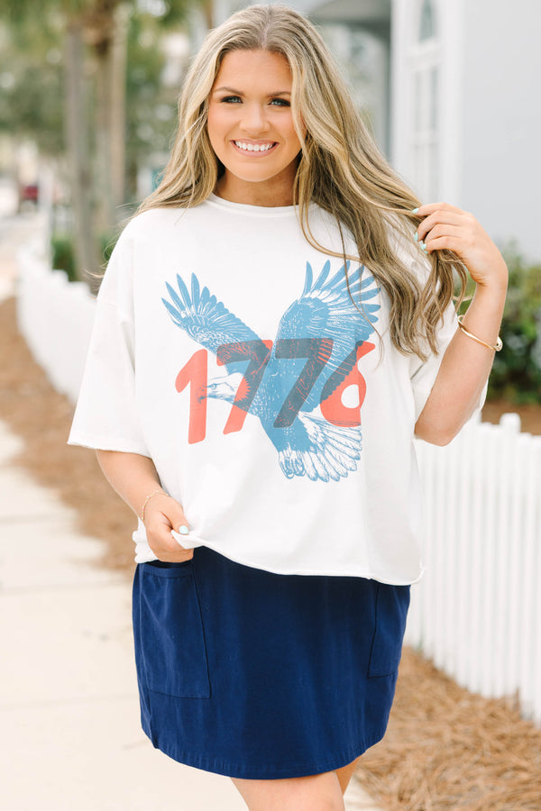 Chic Soul plus size clothing, white short sleeve vintage wash cropped tee with light blue opaque eagle and 