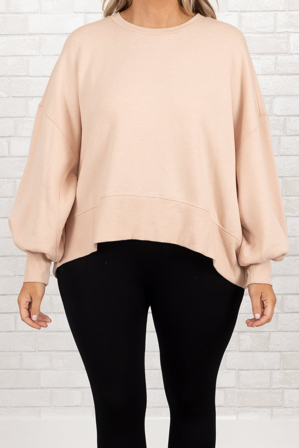 Chic Soul plus size clothing, dusty blush comfy pullover with bubble sleeves