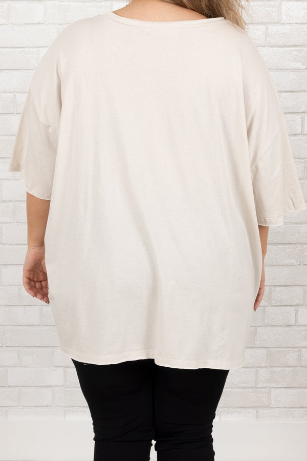 Chic Soul plus size clothing, bone short sleeves oversized t shirt with a front pocket