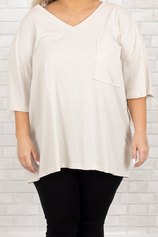 Chic Soul plus size clothing, bone short sleeves oversized t shirt with a front pocket