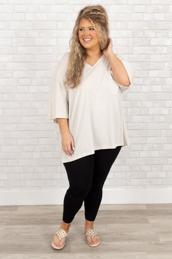 Chic Soul plus size clothing, bone short sleeves oversized t shirt with a front pocket