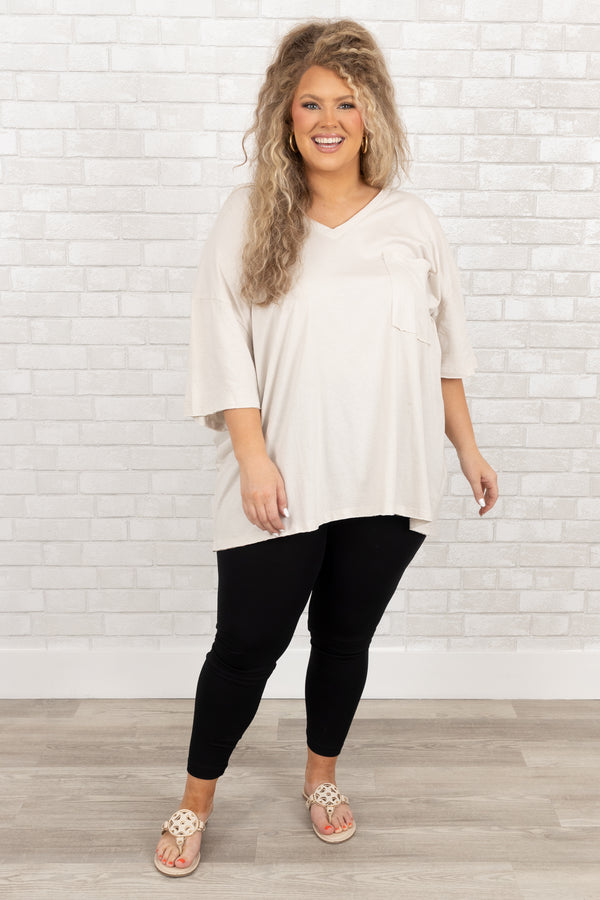 Chic Soul plus size clothing, bone short sleeves oversized t shirt with a front pocket
