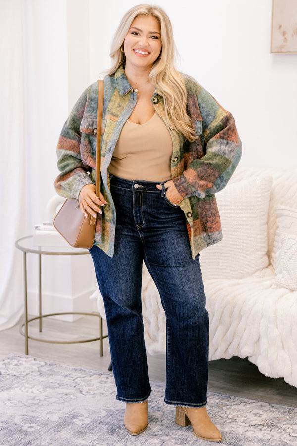 Chic Soul plus size clothing, neutral toned abstract plaid button up fleece shacket