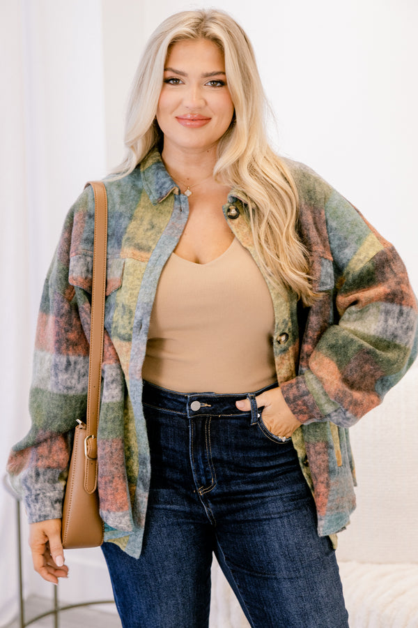 Chic Soul plus size clothing, neutral toned abstract plaid button up fleece shacket