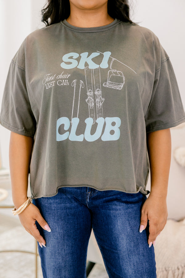 Chic Soul plus size clothing, charcoal grey oversized slightly cropped tee with ski lift graphic and 
