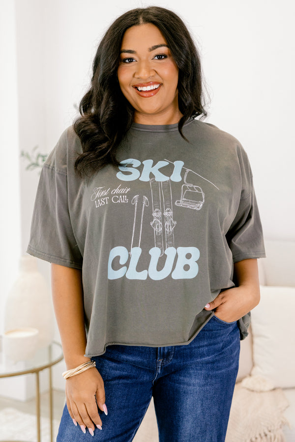 Chic Soul plus size clothing, charcoal grey oversized slightly cropped tee with ski lift graphic and 