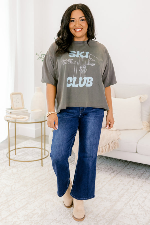 Chic Soul plus size clothing, charcoal grey oversized slightly cropped tee with ski lift graphic and 