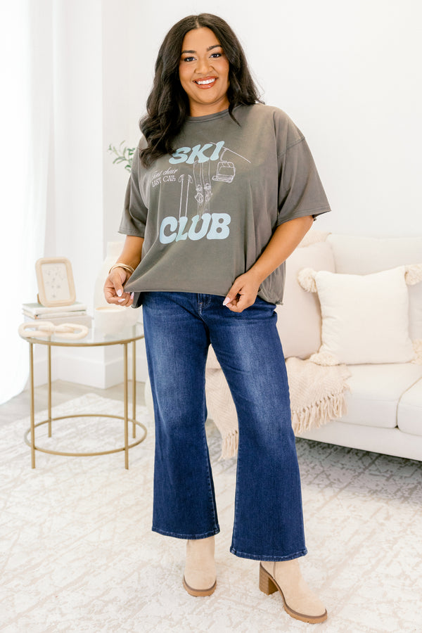 Chic Soul plus size clothing, charcoal grey oversized slightly cropped tee with ski lift graphic and 