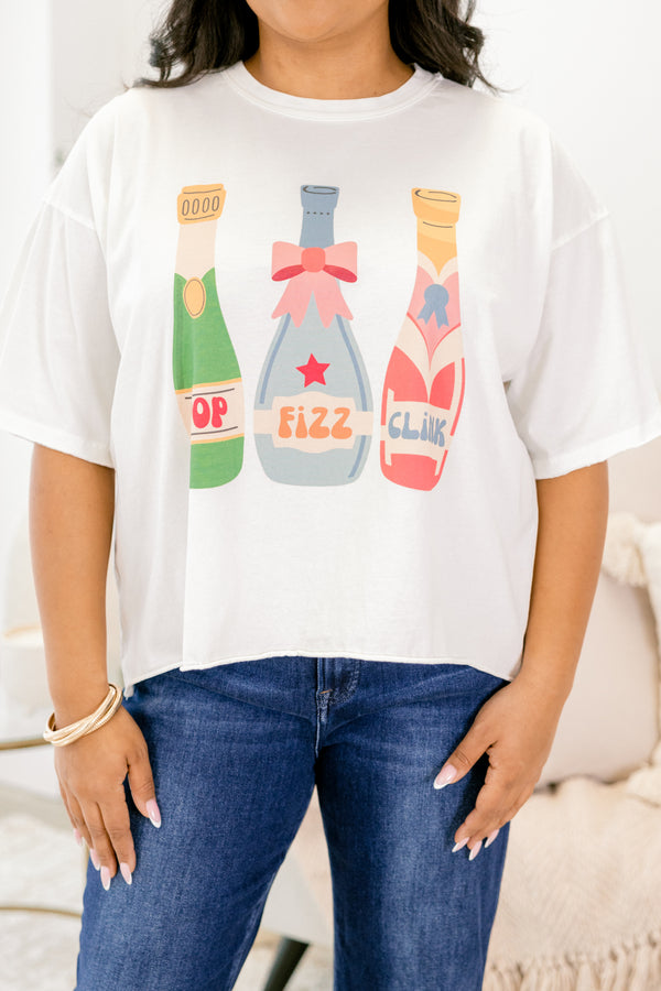 Chic Soul plus size clothing, ivory oversized tee with three bright colored champagne bottles with 