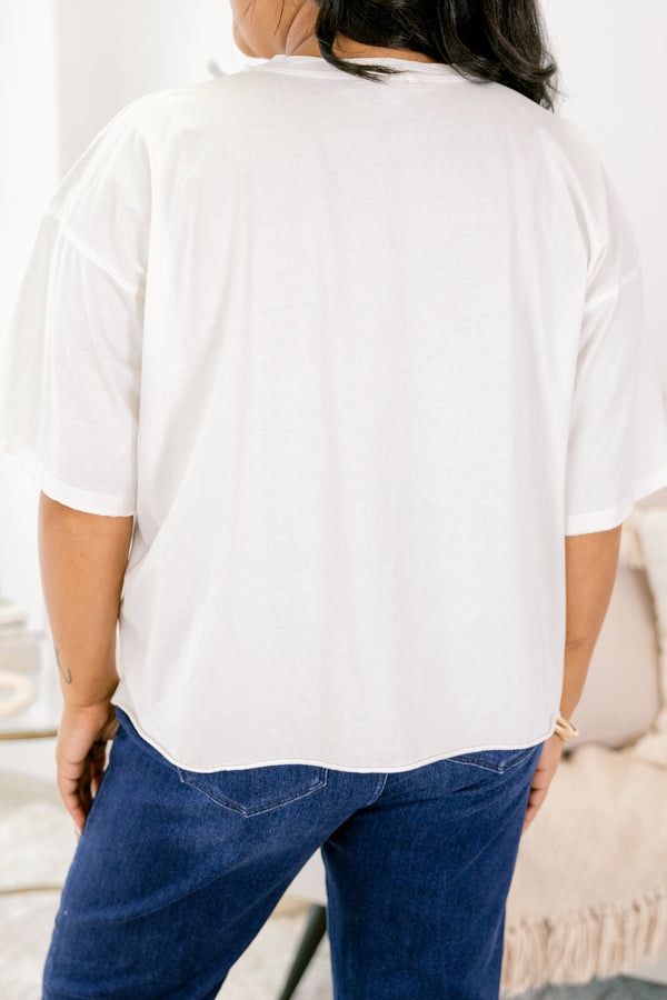 Chic Soul plus size clothing, ivory oversized tee with three bright colored champagne bottles with 