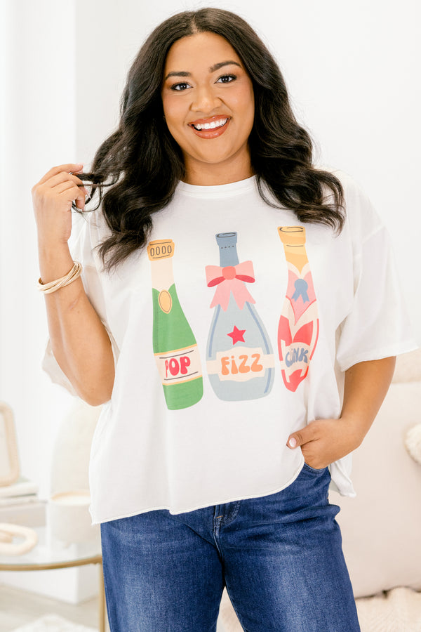 Chic Soul plus size clothing, ivory oversized tee with three bright colored champagne bottles with 