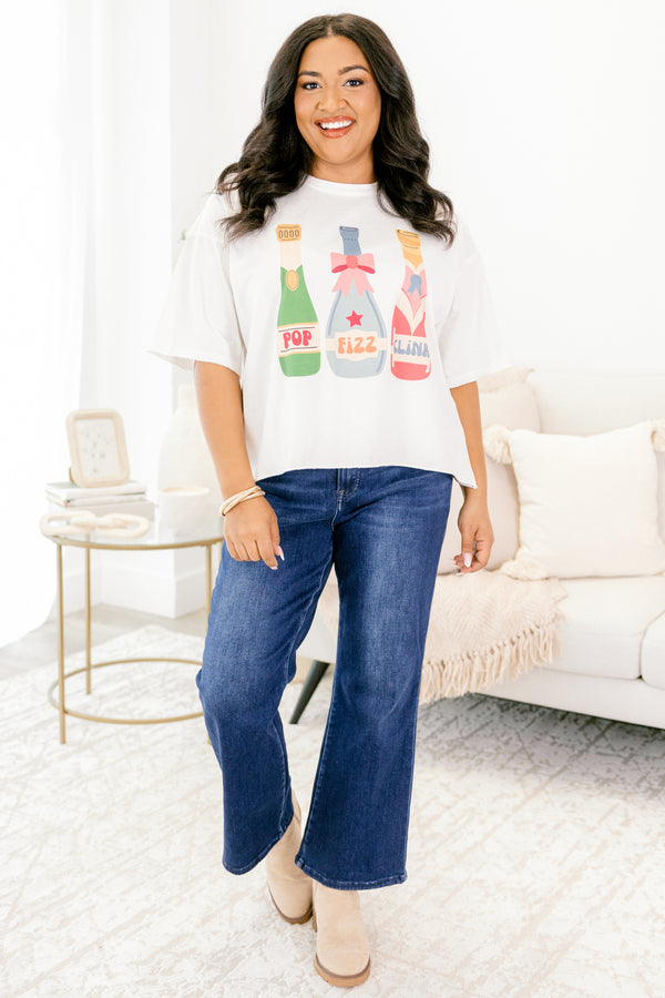 Chic Soul plus size clothing, ivory oversized tee with three bright colored champagne bottles with 