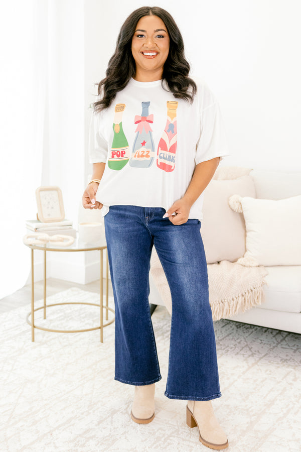 Chic Soul plus size clothing, ivory oversized tee with three bright colored champagne bottles with 