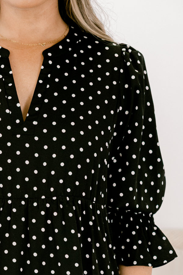 Chic Soul plus size clothing, black long sleeve midi dress with white polka dots