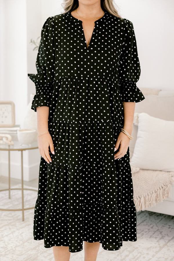 Chic Soul plus size clothing, black long sleeve midi dress with white polka dots