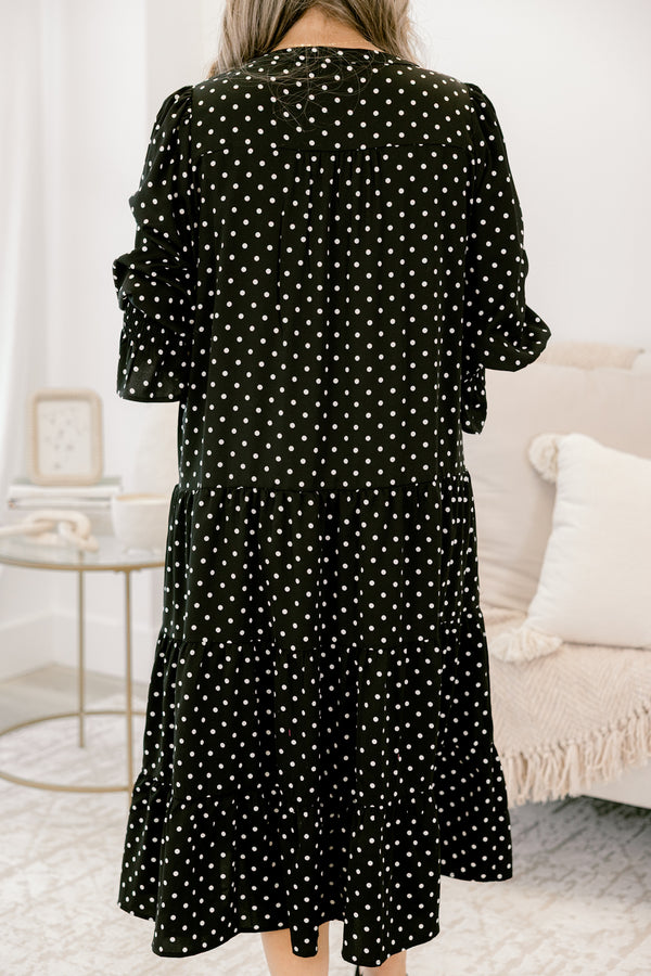 Chic Soul plus size clothing, black long sleeve midi dress with white polka dots
