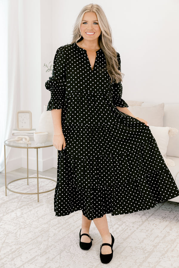 Chic Soul plus size clothing, black long sleeve midi dress with white polka dots
