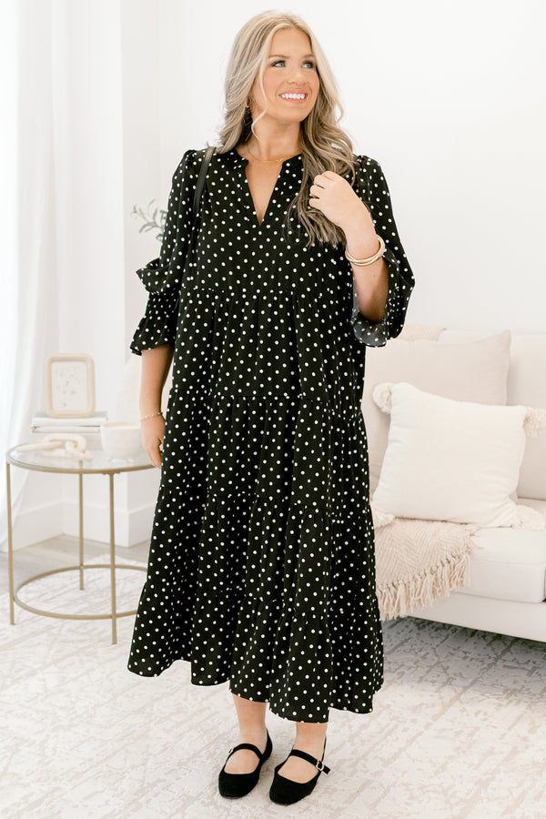 Chic Soul plus size clothing, black long sleeve midi dress with white polka dots