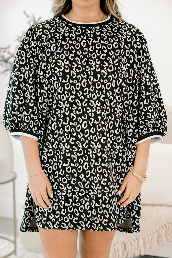 Chic Soul plus size clothing, black 3/4 sleeve short dress with cream cheetah print 