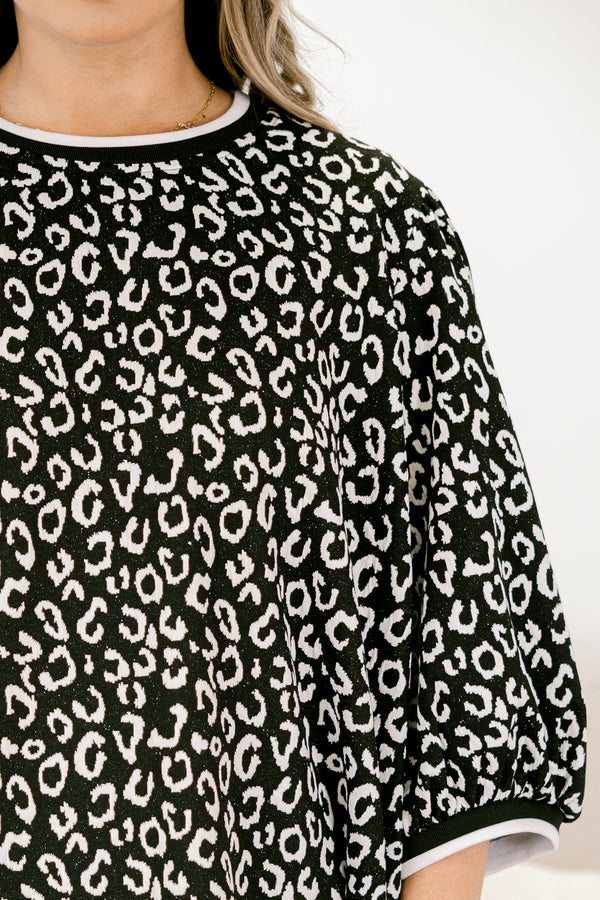 Chic Soul plus size clothing, black 3/4 sleeve short dress with cream cheetah print 