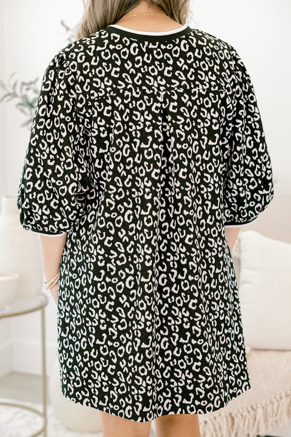 Chic Soul plus size clothing, black 3/4 sleeve short dress with cream cheetah print 