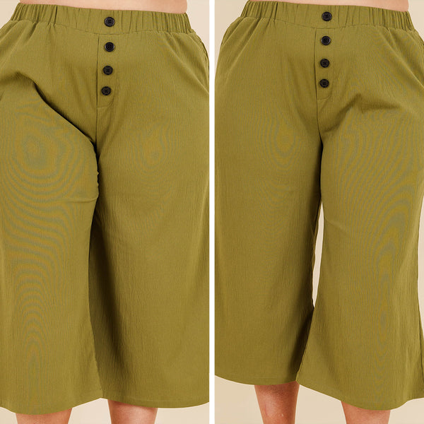 Plus Size olive green wide-leg cropped pants with an elastic waistband and four front buttons.