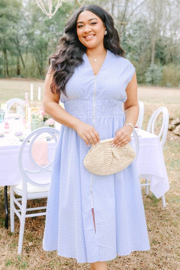Chic Soul plus size clothing, light blue and white gingham sleeveless V-neck midi dress with cinching below the chest and a zipper down the middle