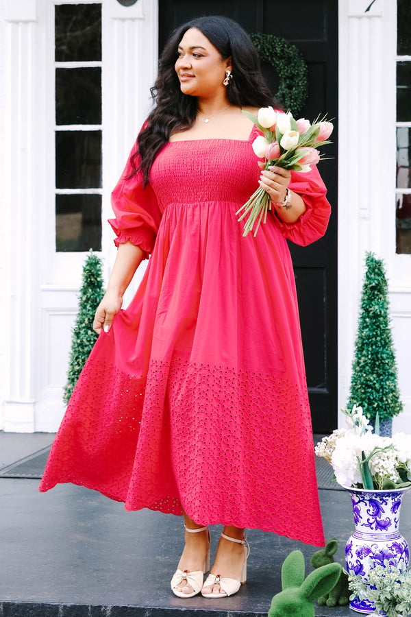 Chic Soul plus size clothing, hot pink maxi dress with long sleeves that have a ruffle flare out on the bottom of the sleeves a square neckline and an eyelet lace pattern below the knee on the dress