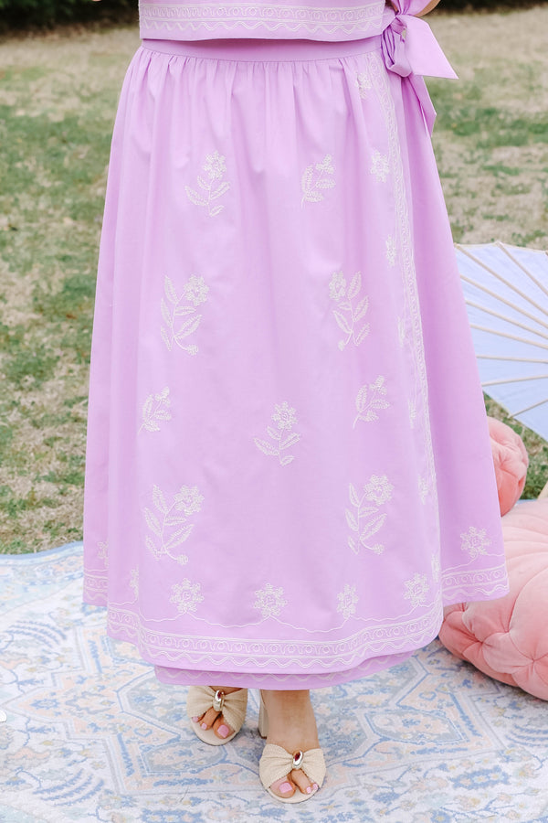 Chic Soul plus size clothing, light purple wrap maxi straight cut skirt with white embroidery flower detailing