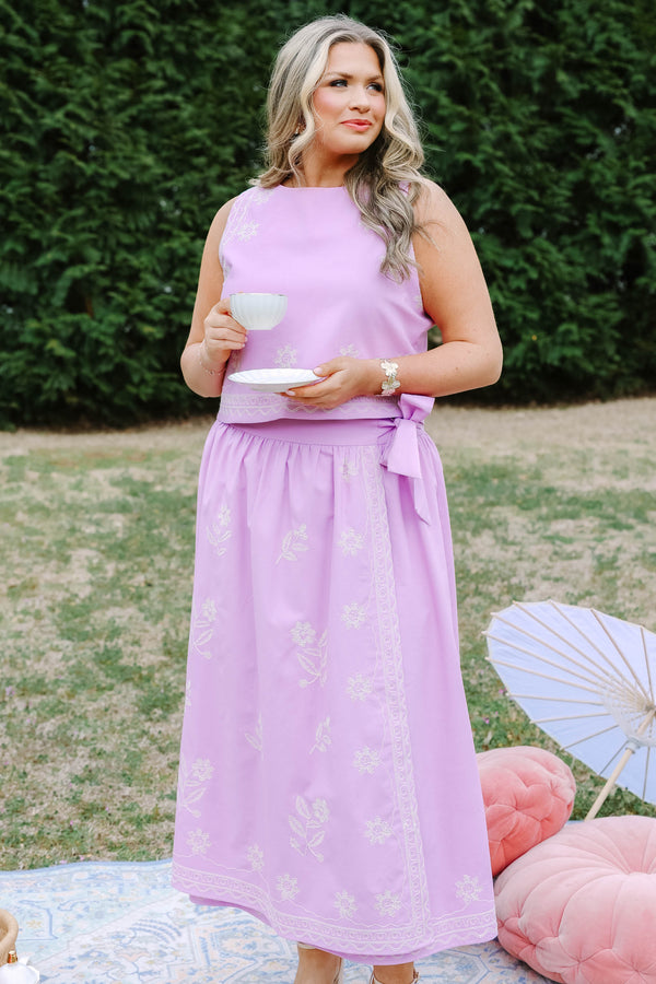 Chic Soul plus size clothing,  light purple cropped tank top with white embroidery flower detailing
