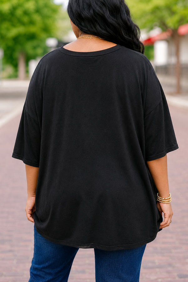 Chic Soul plus size clothing, black short sleeve graphic tee with the words 