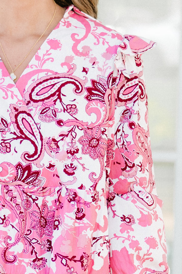 Chic Soul plus size clothing, pink three quarter length sleeve mini dress with pink paisley print with v neckline with ruffle detail on sleeves