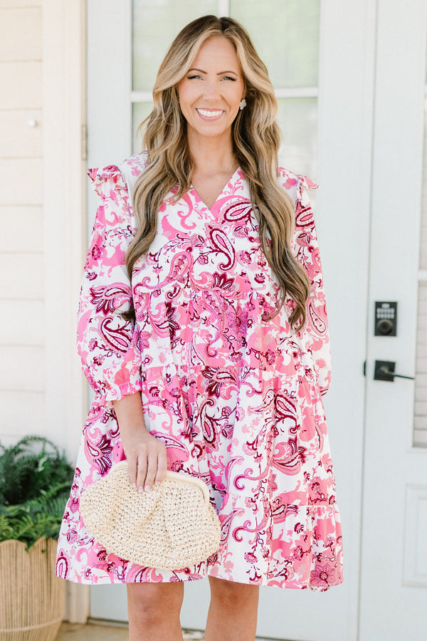 Chic Soul plus size clothing, pink three quarter length sleeve mini dress with pink paisley print with v neckline with ruffle detail on sleeves