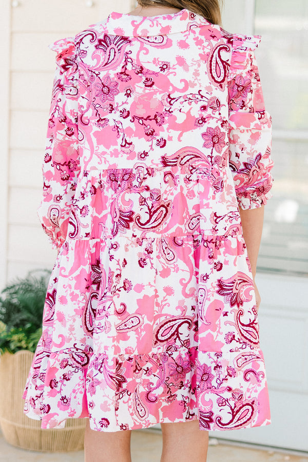 Chic Soul plus size clothing, pink three quarter length sleeve mini dress with pink paisley print with v neckline with ruffle detail on sleeves