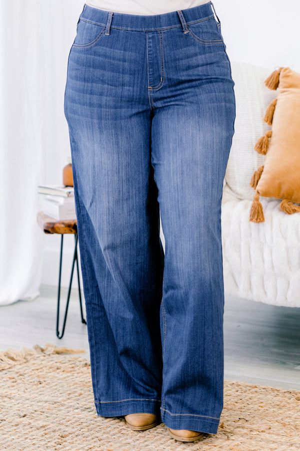 Chic Soul plus size clothing, dark blue denim wide leg jeggings with stitched hem at the bottom with no distressing