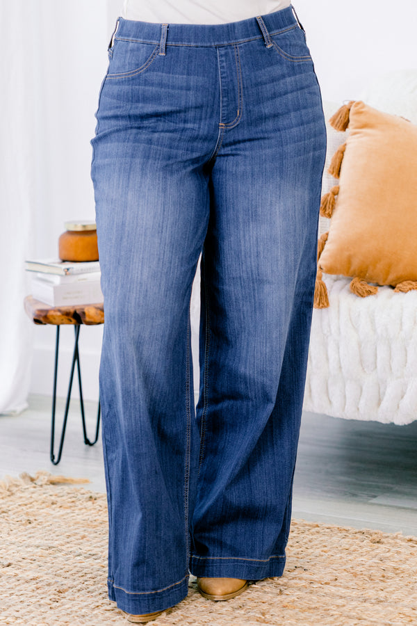 Chic Soul plus size clothing, dark blue denim wide leg jeggings with stitched hem at the bottom with no distressing