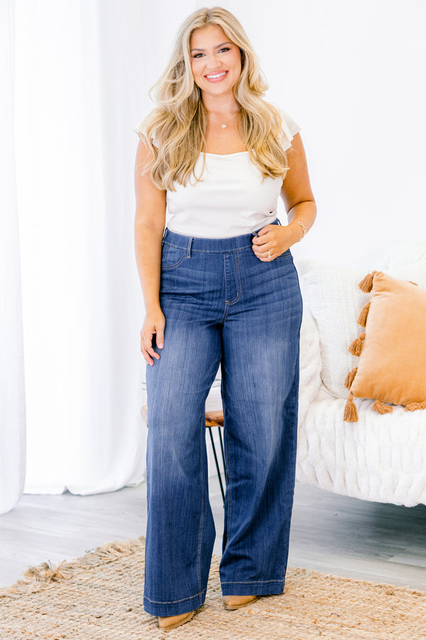 Chic Soul plus size clothing, dark blue denim wide leg jeggings with stitched hem at the bottom with no distressing