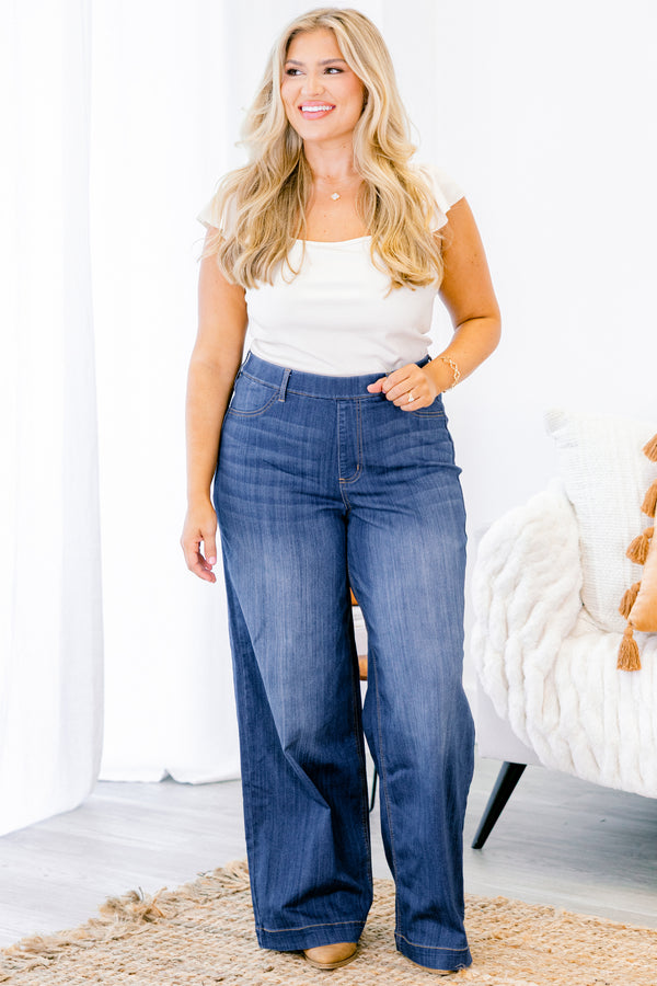 Chic Soul plus size clothing, dark blue denim wide leg jeggings with stitched hem at the bottom with no distressing