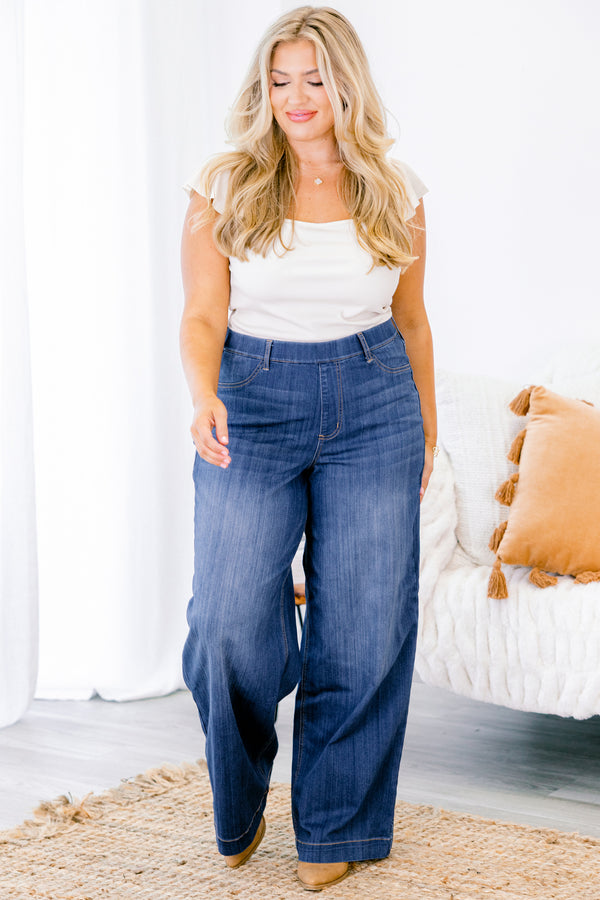 Chic Soul plus size clothing, dark blue denim wide leg jeggings with stitched hem at the bottom with no distressing