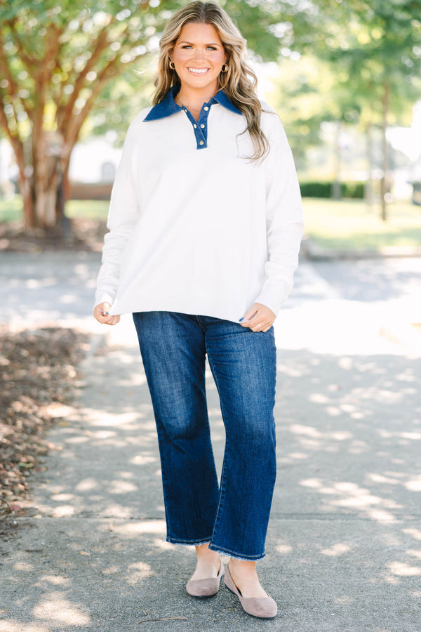 Plus size ivory sweater with a denim collar and button placket, featuring a soft, relaxed fit.