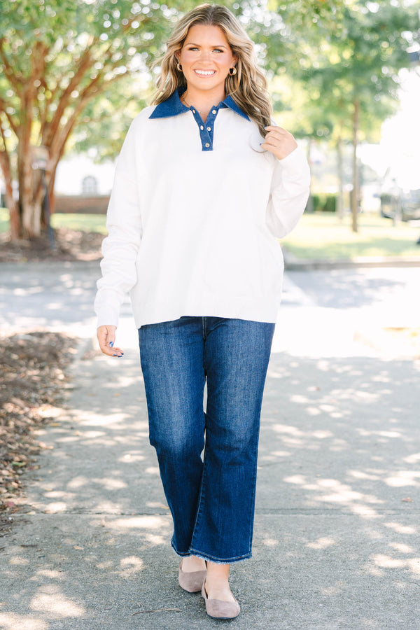 Plus size ivory sweater with a denim collar and button placket, featuring a soft, relaxed fit.