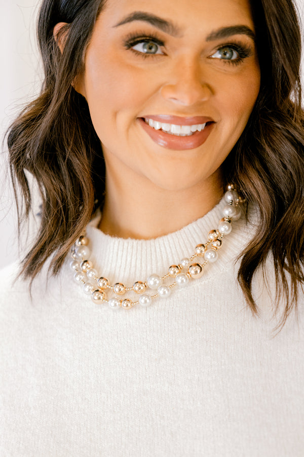 Chic Soul plus size clothing, gold and pearl beaded chunky double layered necklace 