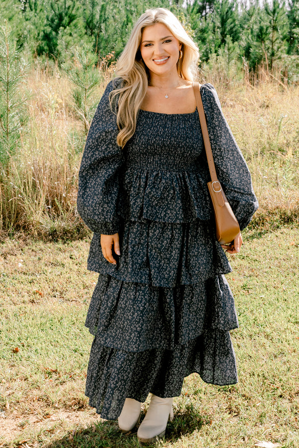 Chic Soul plus size clothing, navy floral print long sleeve square neck ruffle tiered maxi dress
