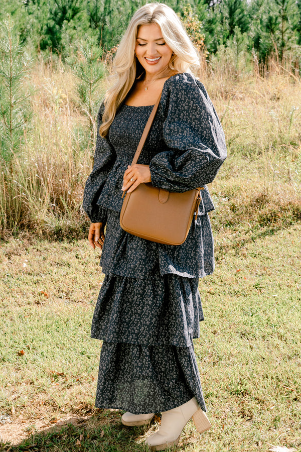 Chic Soul plus size clothing, navy floral print long sleeve square neck ruffle tiered maxi dress