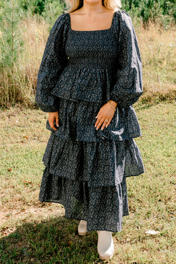 Chic Soul plus size clothing, navy floral print long sleeve square neck ruffle tiered maxi dress